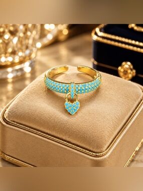 Turquoise Blue Pavé Heart Charm Gold Tone Adjustable Ring NWT